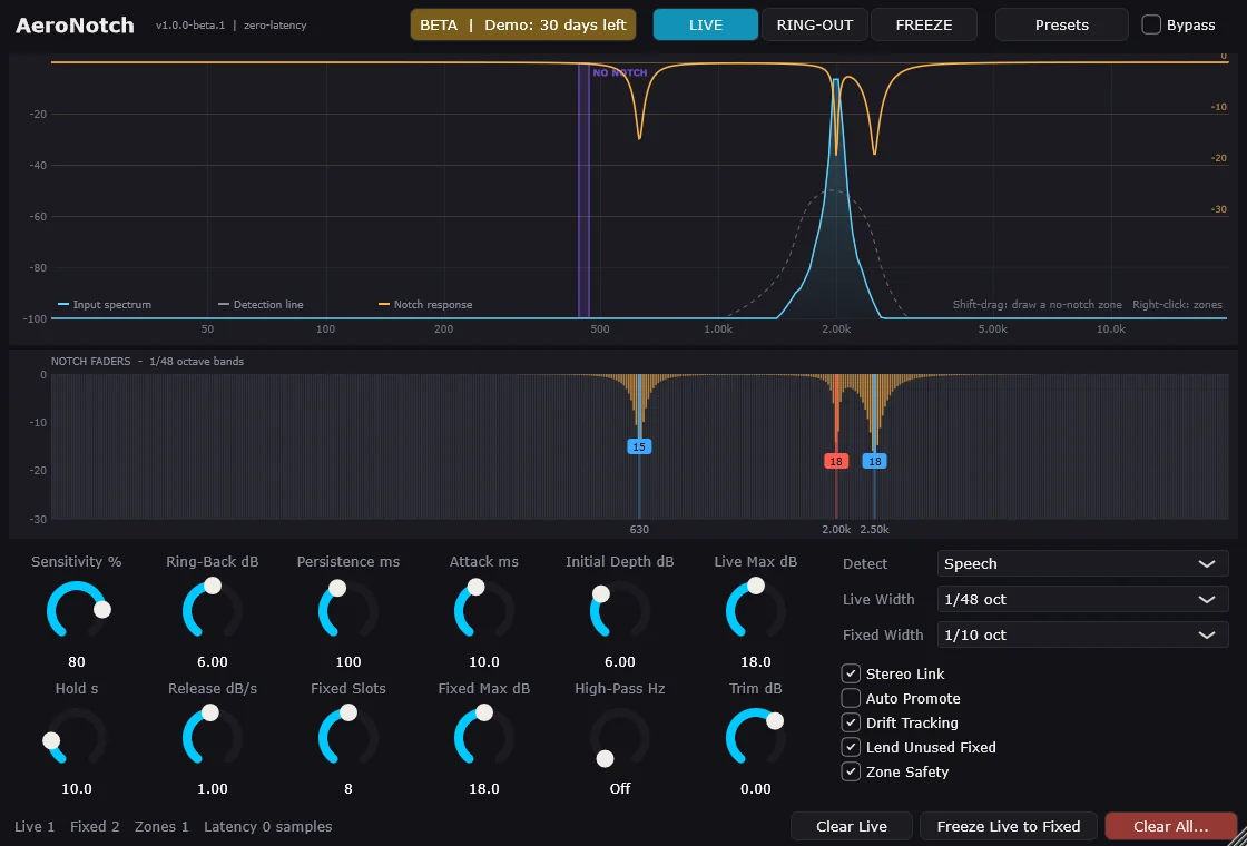 AeroNotch plugin: spectrum with live notches and a fader on every notch
