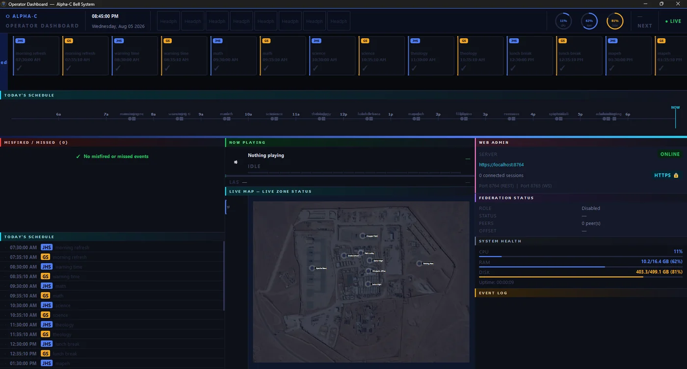 Alpha-C Bell System operator dashboard with today's schedule, zone status and the campus live map