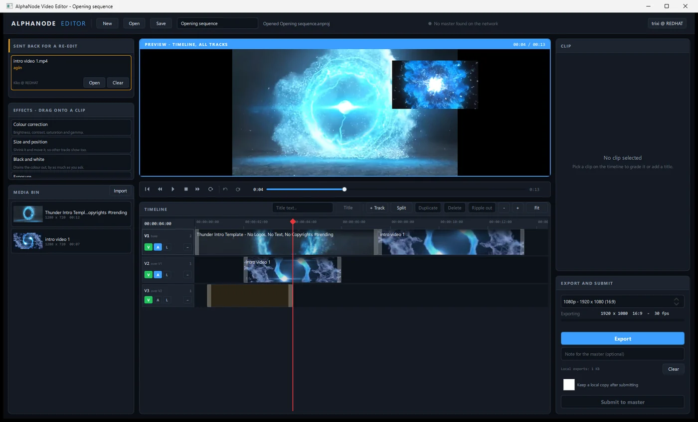 AlphaNode editor with a preview, timeline and export panel